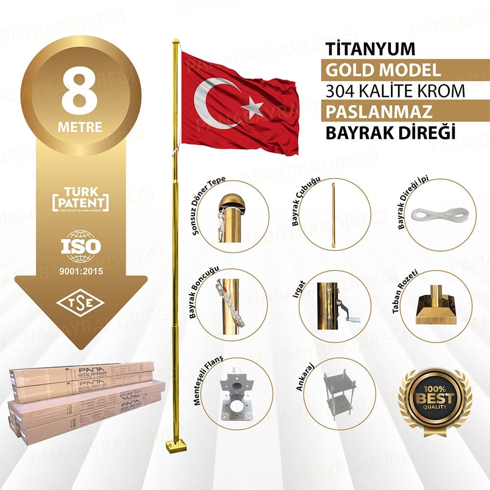 8 Metre İnox 304 Kalite Paslanmaz Krom Çelik Titanyum Gold Bayrak Direği