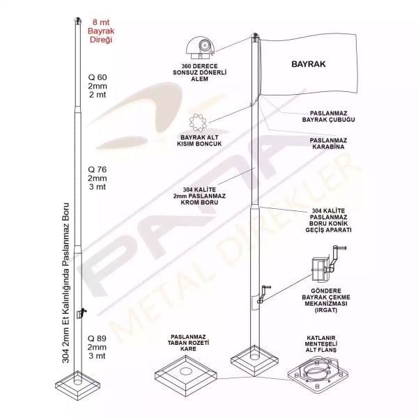 8 Metre İnox 304 Kalite Paslanmaz Krom Çelik Standart Bayrak Direği