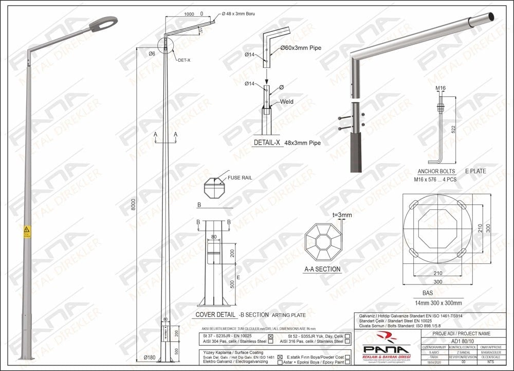 8 Metre Tek Konsol AD1 80 10 Konsol Boyu 1 Metre Yeni Tedaş Galvaniz Poligon Sokak Aydınlatma Direği