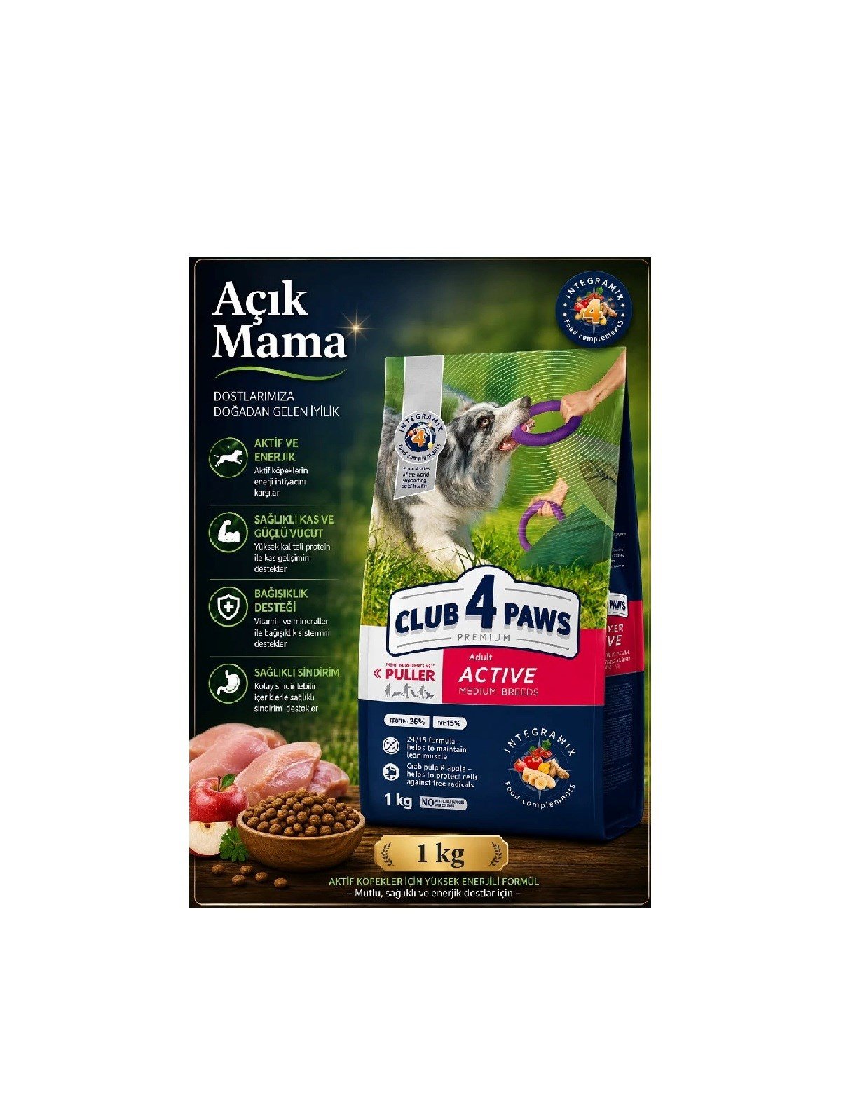  (AÇIK) CLUB 4 PAWS PREMIUM “ACTIVE” TÜM AKTİF YETİŞKİN KÖPEKLER İÇİN  KURU KÖPEK MAMASI 1 KG