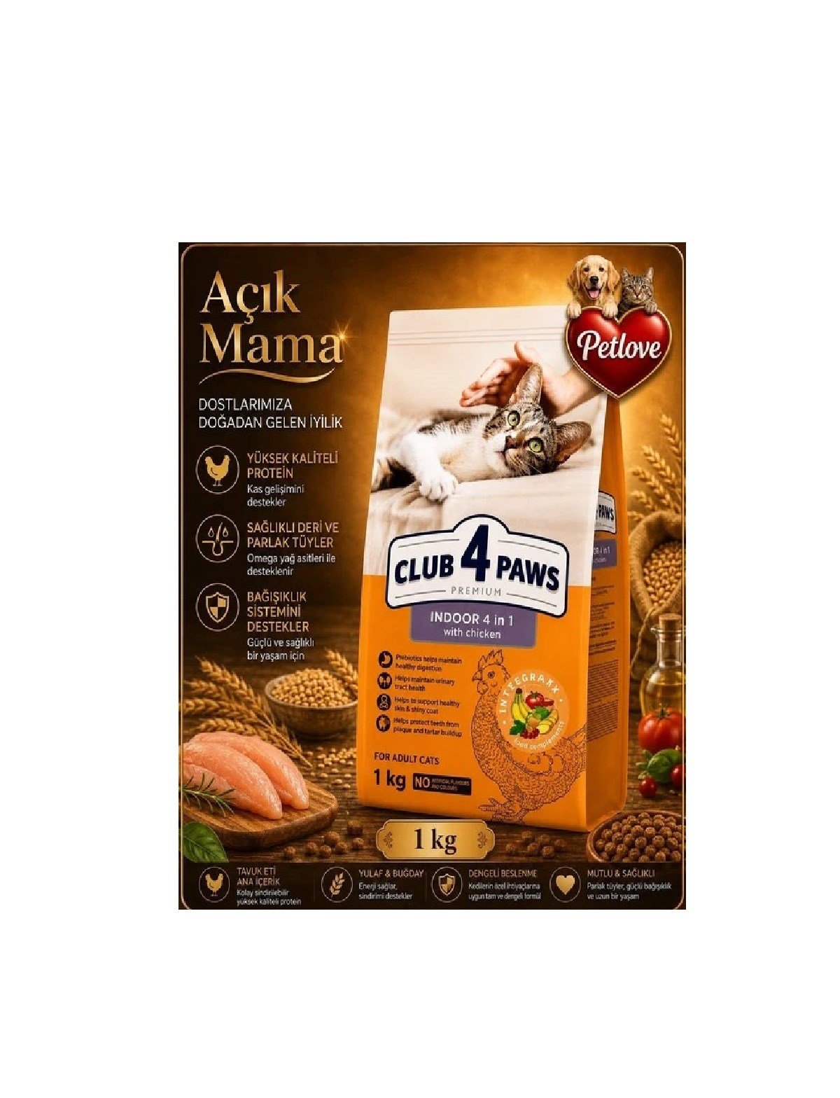 (AÇIK) CLUB 4 PAWS PREMIUM “INDOOR 4 IN 1” YETİŞKİN KEDİ KUZU ETLİ KEDİ MAMASI 1 KG