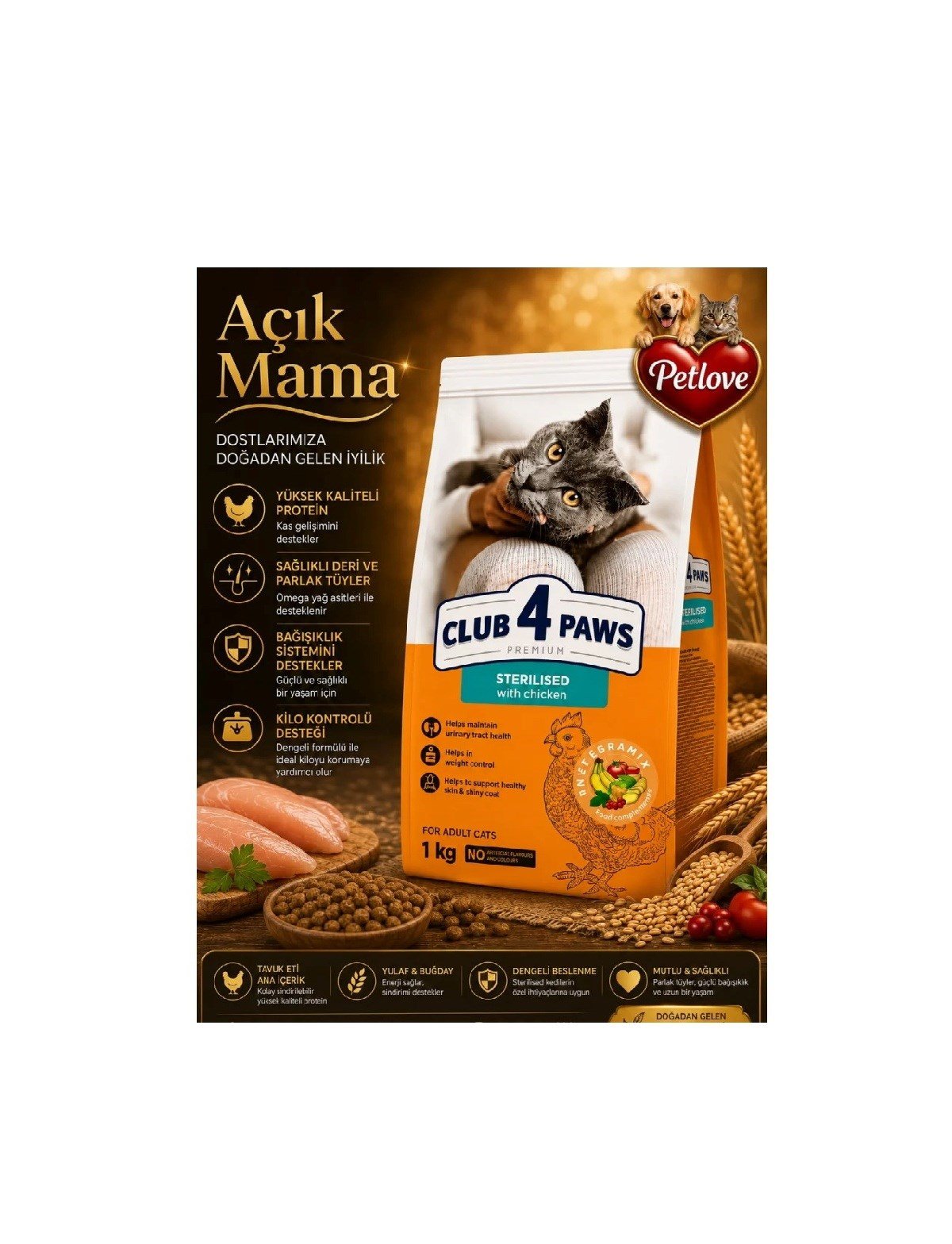(AÇIK) CLUB 4 PAWS PREMIUM KISIRLAŞTIRILMIŞ TAVUKLU KEDİ MAMASI 1 KG