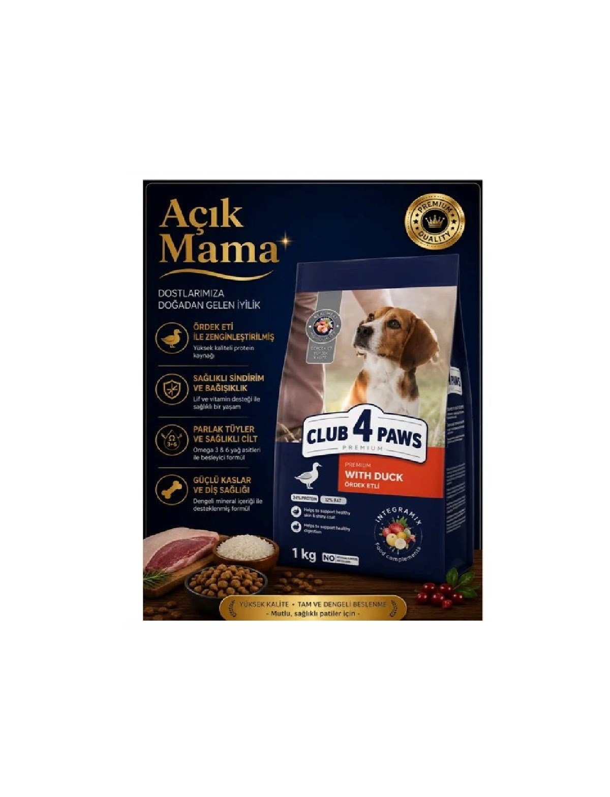 (AÇIK) CLUB 4 PAWS PREMIUM ORTA BOY IRK YETİŞKİN KÖPEKLER İÇİN ÖRDEKLİ  KURU KÖPEK MAMASI 1 KG
