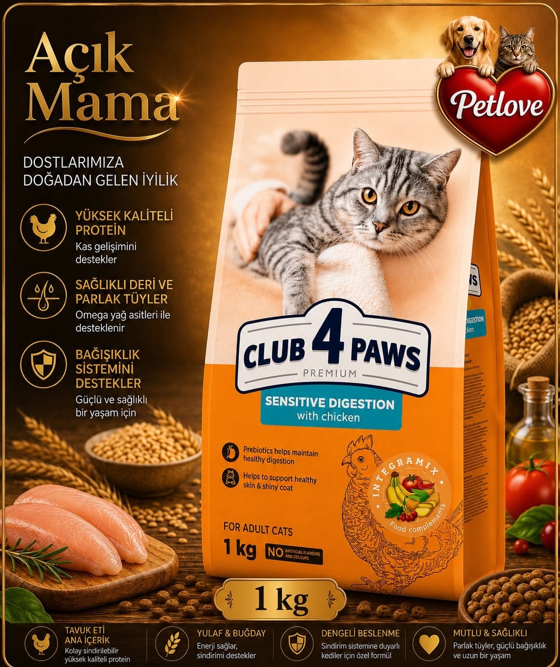 (AÇIK) CLUB 4 PAWS  SENSITIVE DIGESTION YETİŞKİN KEDİ KURU MAMASI 1 KG 