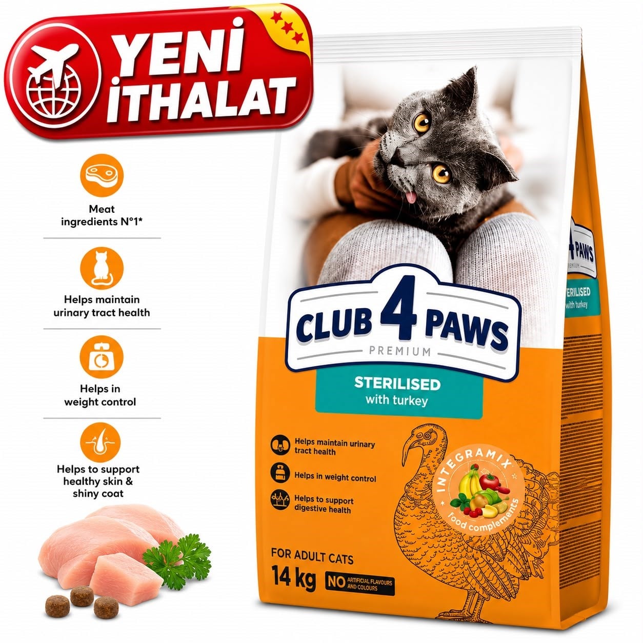 CLUB 4 PAWS PREMİUM HİNDİLİ KISIR YETİŞKİN  KEDİ KURU  MAMASI 14 KG
