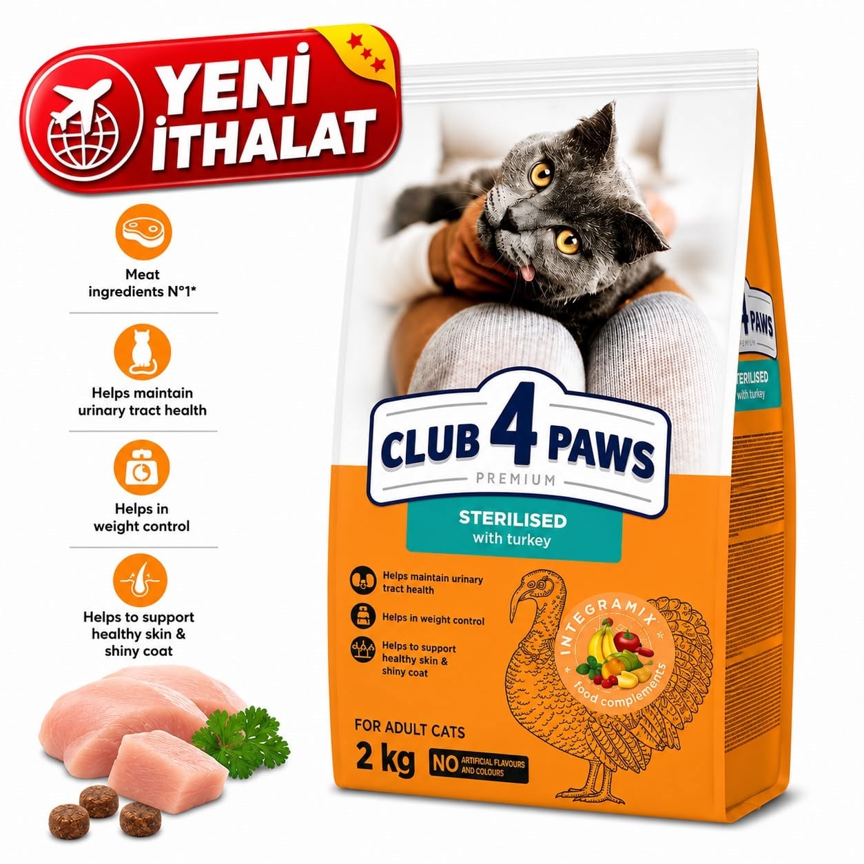 CLUB 4 PAWS PREMİUM HİNDİLİ  KISIR  YETİŞKİN KEDİ KURU MAMASI 2 KG