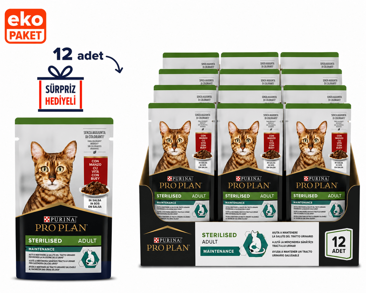 Pro Plan Biftekli Steril Pouch Kısır Kedi Konservesi 85 Gr X 12 'li Eko Paket 