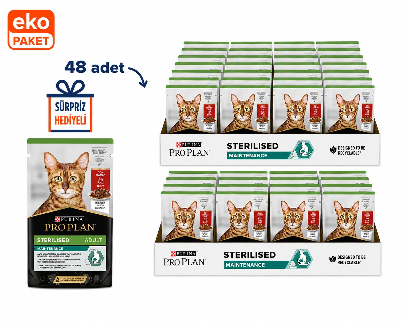 Pro Plan Sterilised Biftekli Pouch Kısırlaştırılmış Kedi Konservesi – 85 gr X 48 'li Eko Paket