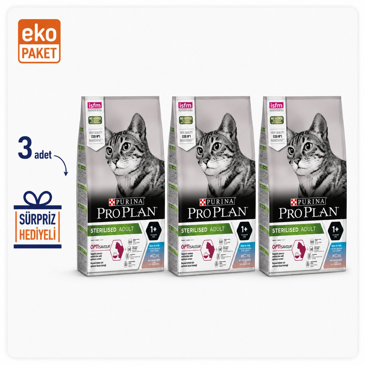ProPlan Morina ve Okyanus Balıklı Kısırlaştırılmış Kedi Maması 3 Kg X 3'lü Eko Paket 