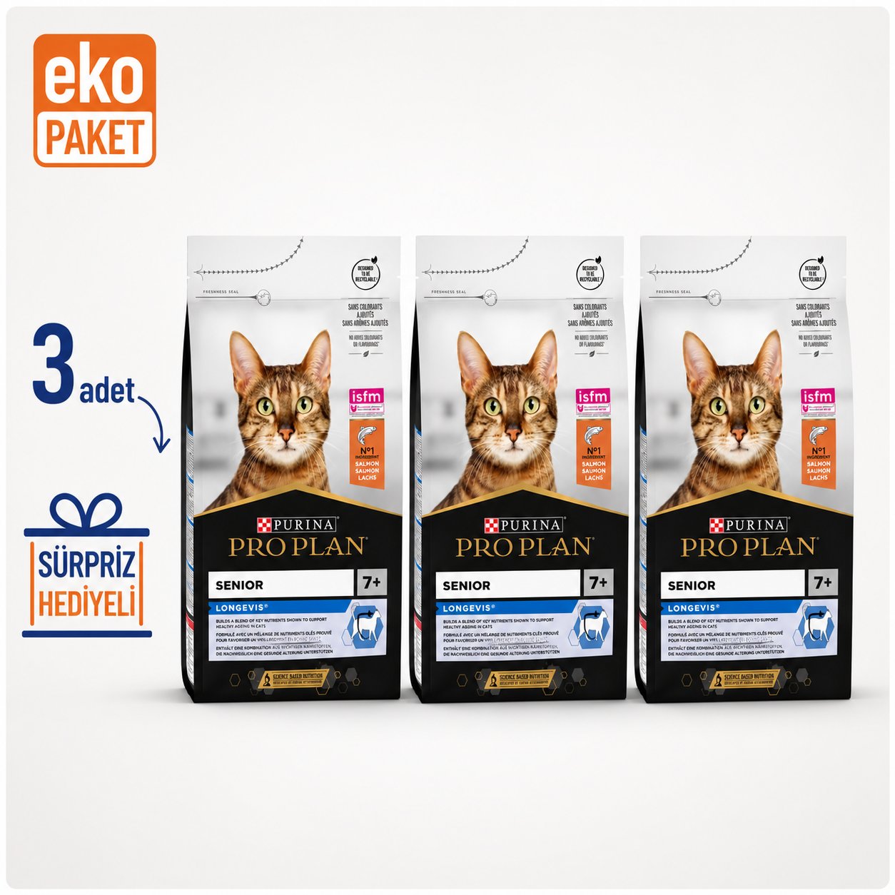 Proplan Senior +7 Somonlu Yaşlı Kedi Maması 3 Kg X 3'lü Eko Paket