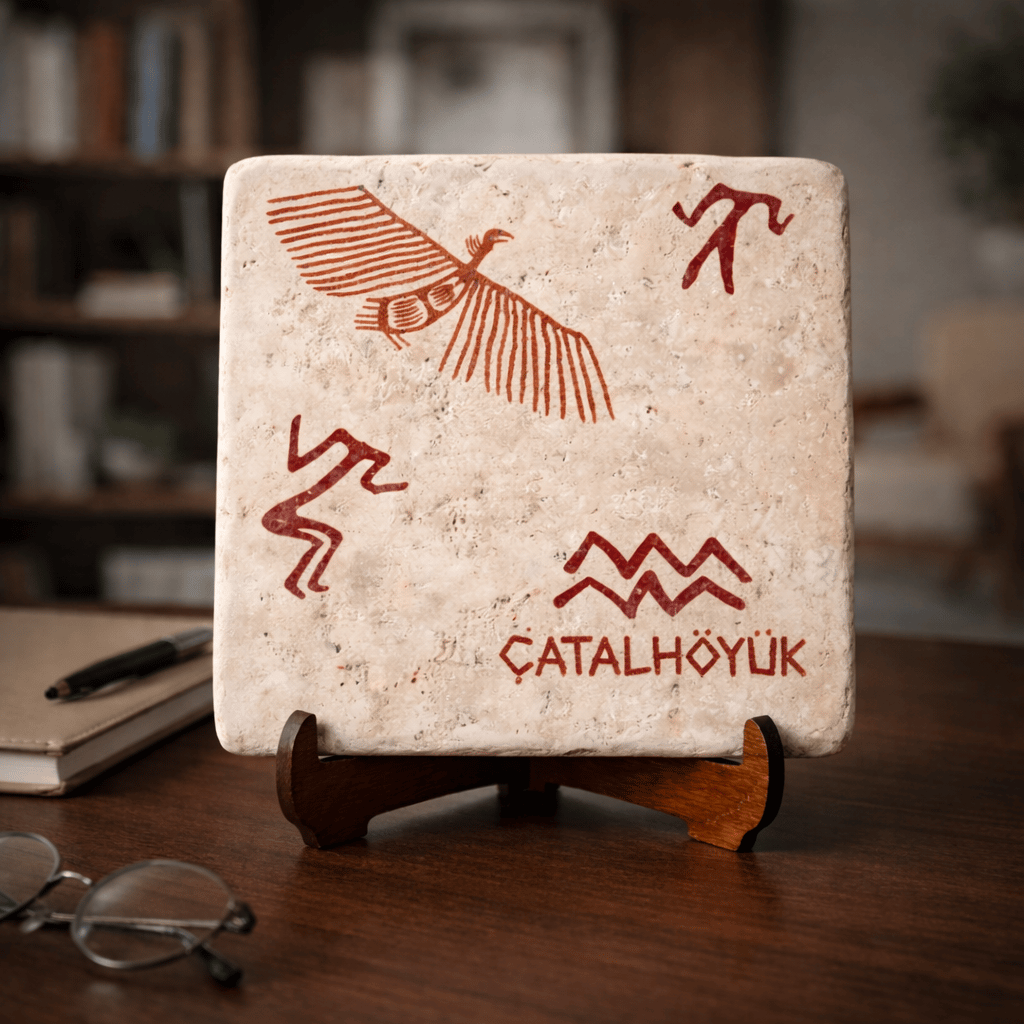 Çatalhöyük Atmaca Motifli Doğal Traverten Pano – El Yapımı Dekoratif Pano