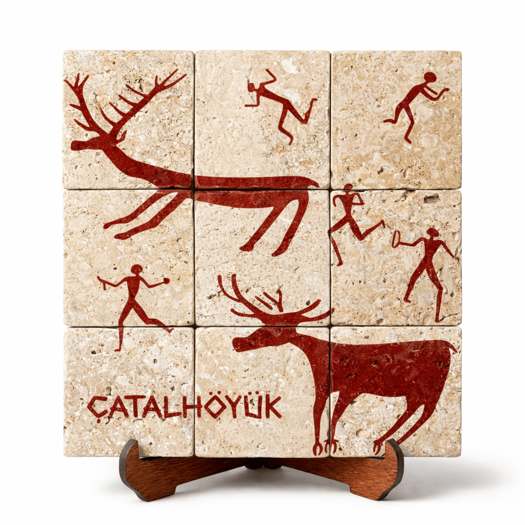 Çatalhöyük Av Sahnesi Traverten Pano – El Yapımı Dekoratif Pano