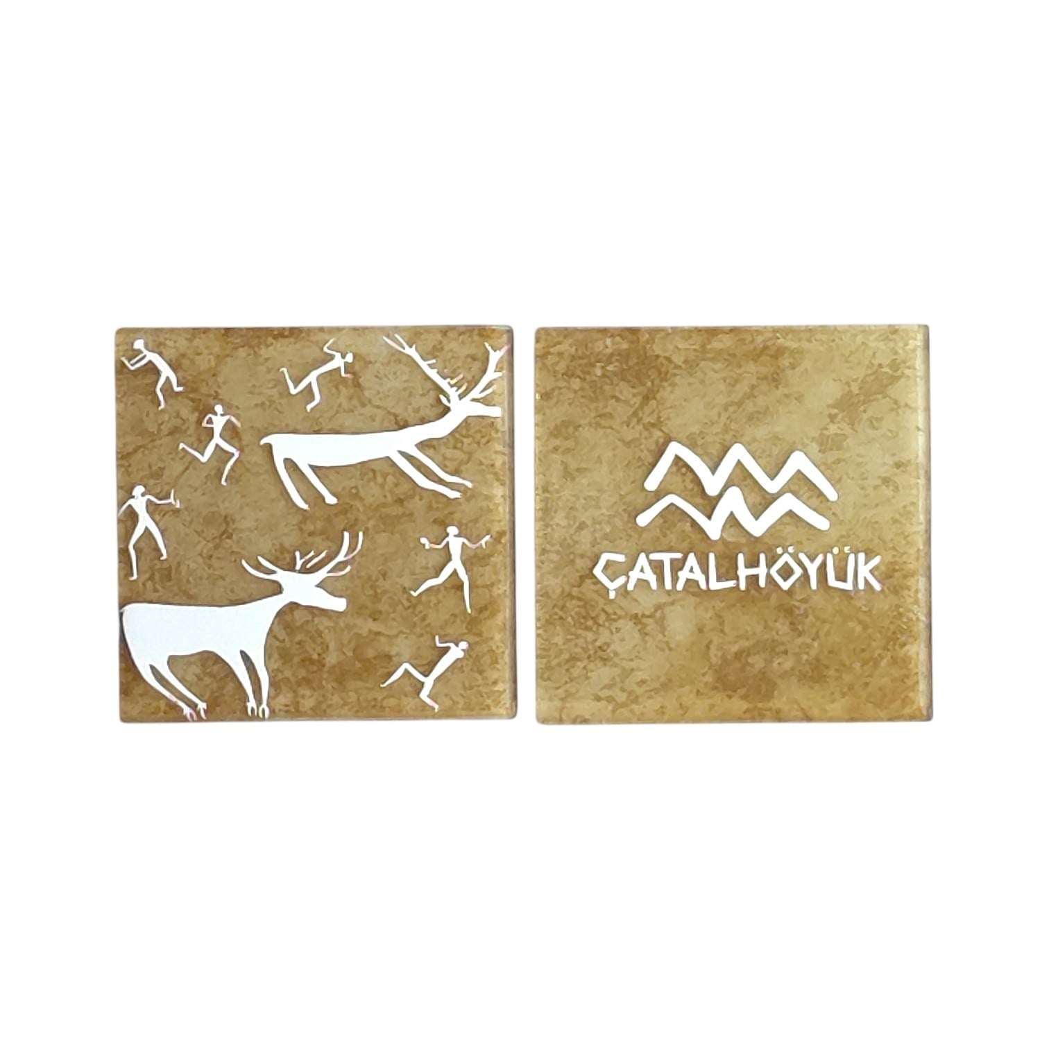 Çatalhöyük Temalı Mermer Desenli Cam Bardak Altlığı Anadolu Motifli 4'lü Set