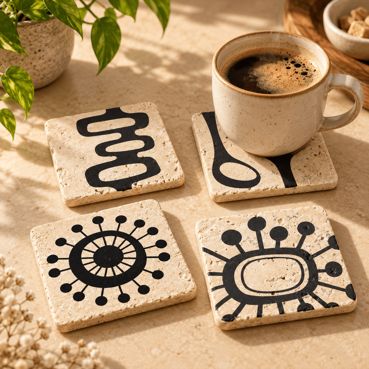 Century Collection Traverten Bardak Altlığı – 4'lü Farklı Desenli Kutulu Set