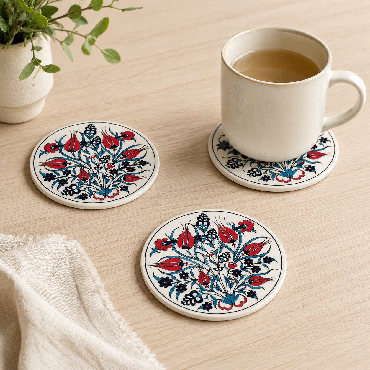 Desenli Seramik Bardak Altlığı 4'lü Set