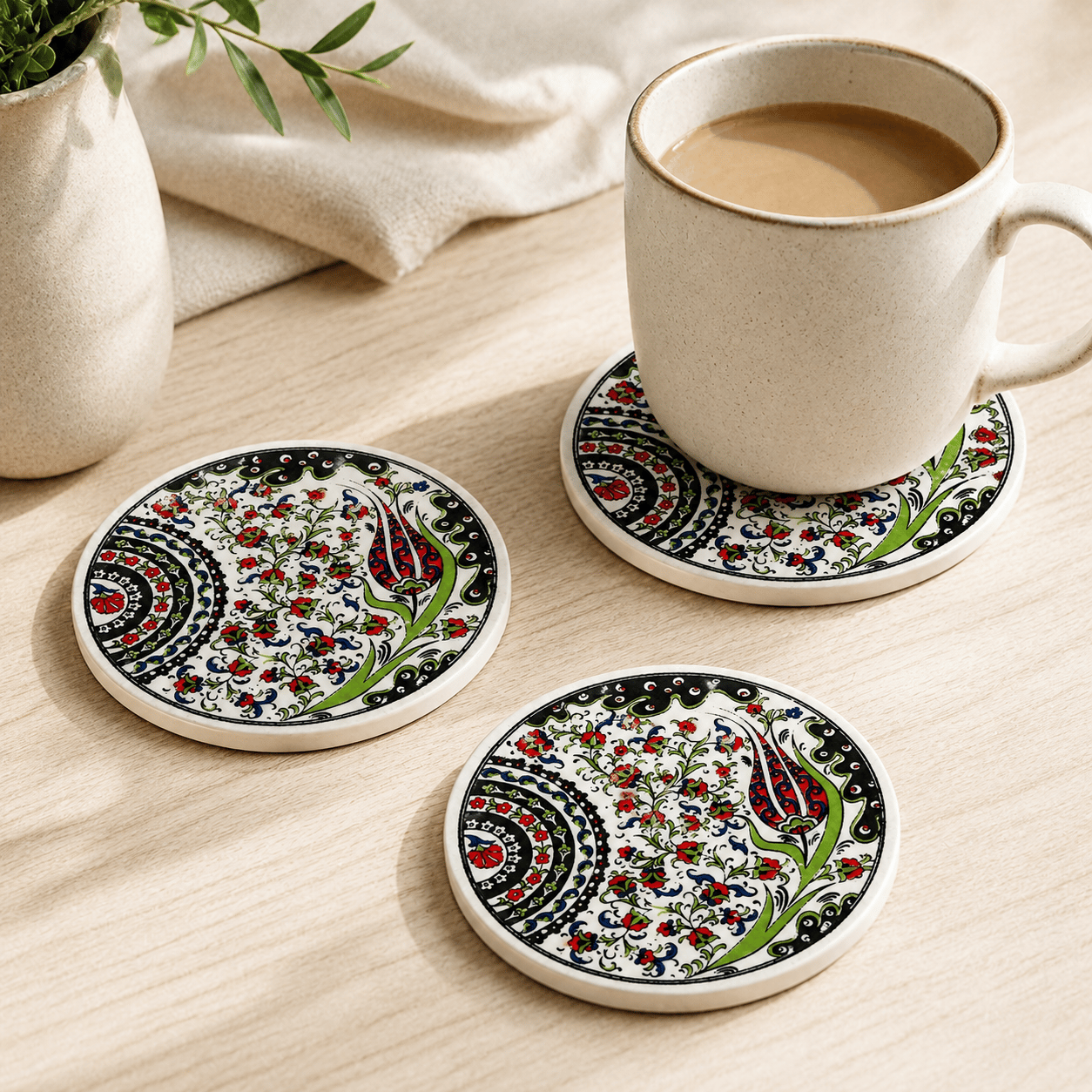 Desenli Seramik Bardak Altlığı 4'lü Set