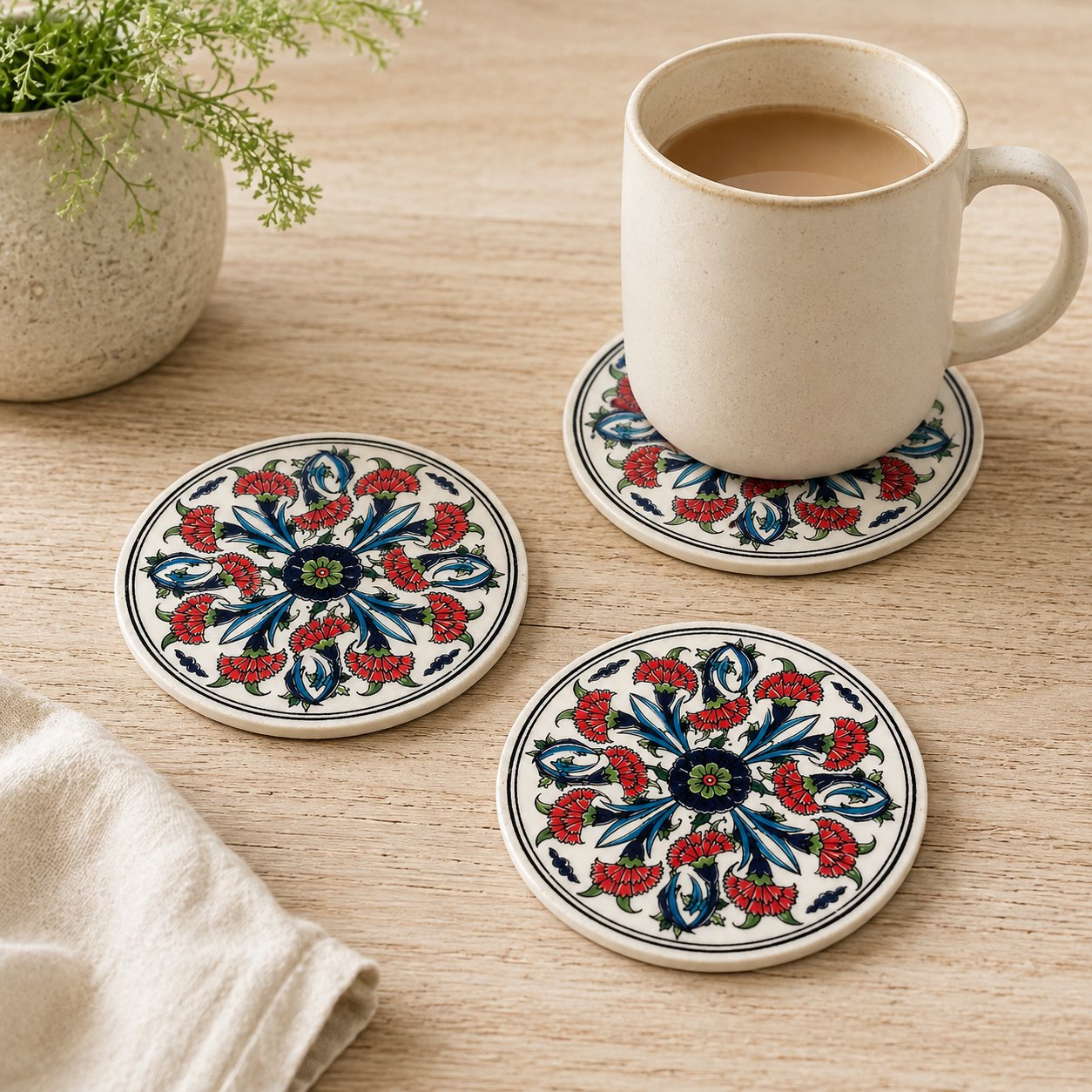 Desenli Seramik Bardak Altlığı 4'lü Set