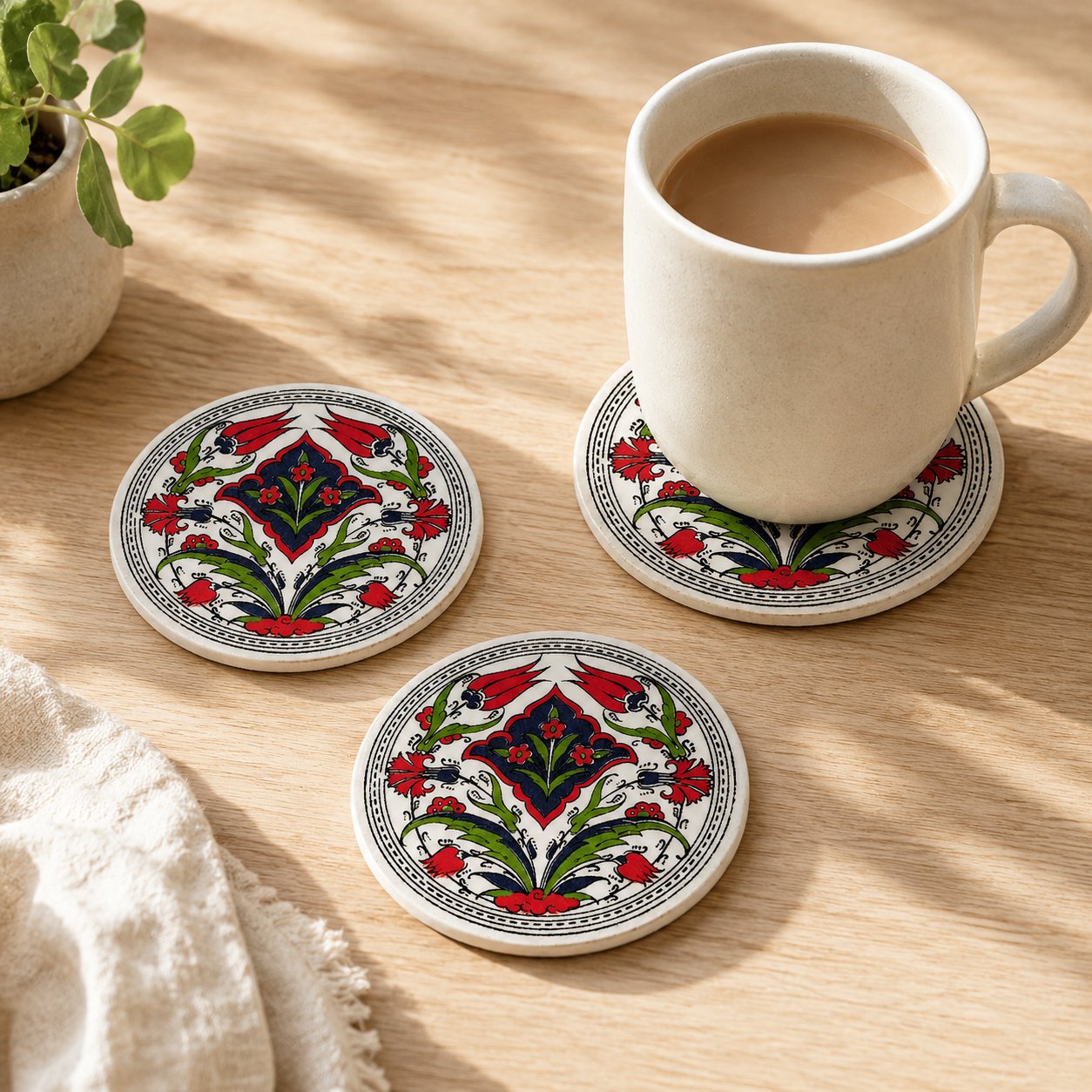Desenli Seramik Bardak Altlığı 4'lü Set