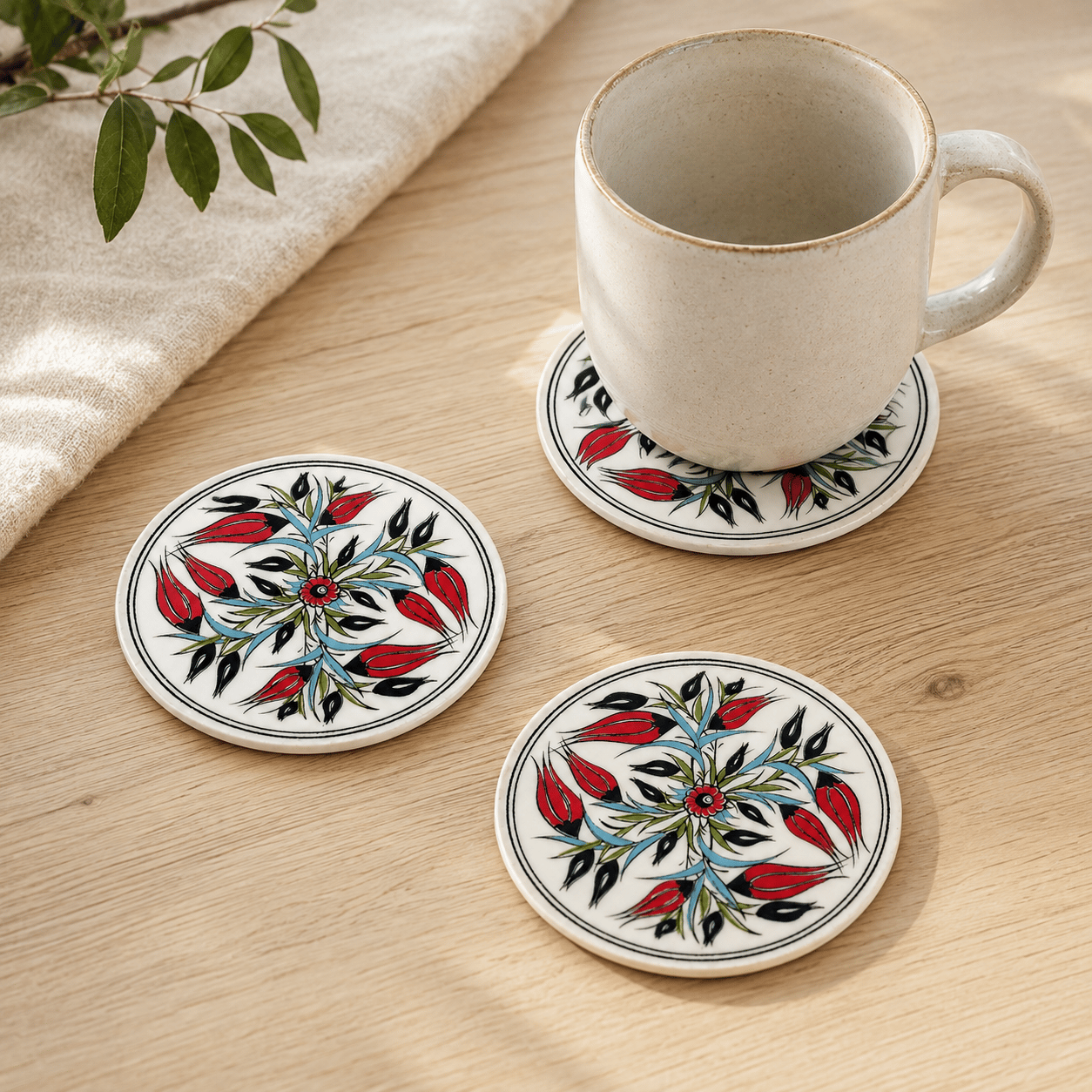 Desenli Seramik Bardak Altlığı 4'lü Set