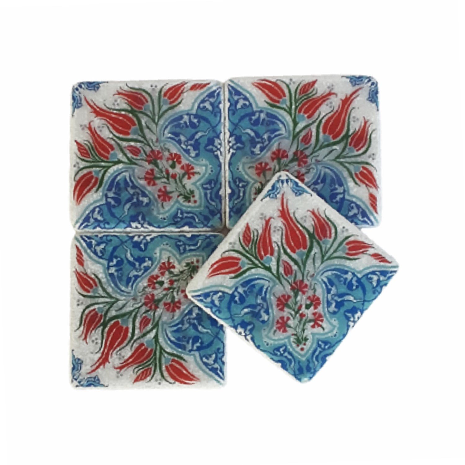Geleneksel Lale Motifli Mermer Bardak Altlığı, Model: MRBL-2020106