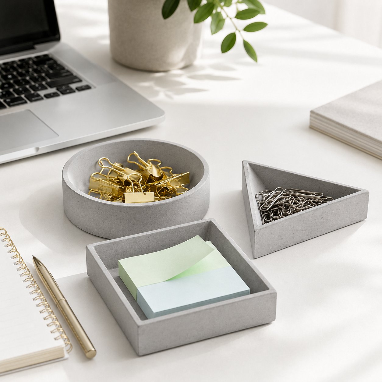 Geometrik Beton Masaüstü Organizer 3'lü Set | Modern Ofis Düzenleyici