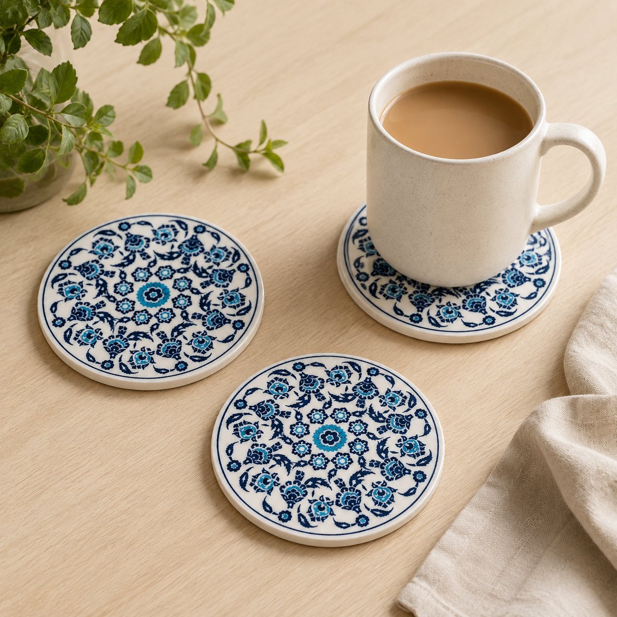 Geometrik ve Motifli Seramik Bardak Altlığı 4'lü Set
