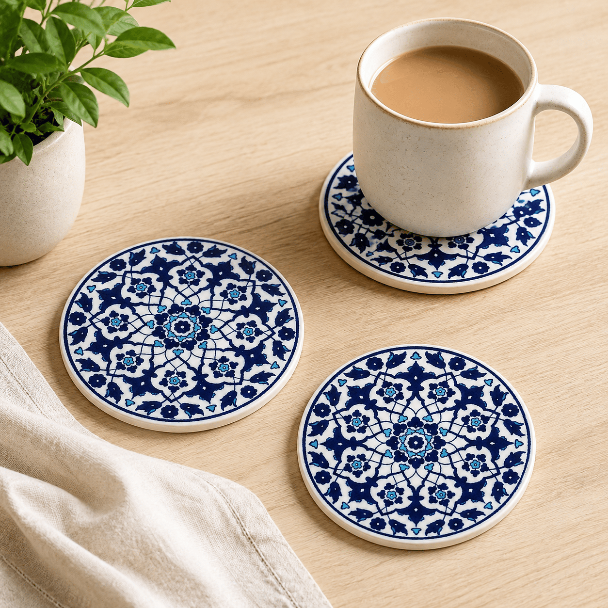 Geometrik ve Motifli Seramik Bardak Altlığı 4'lü Set