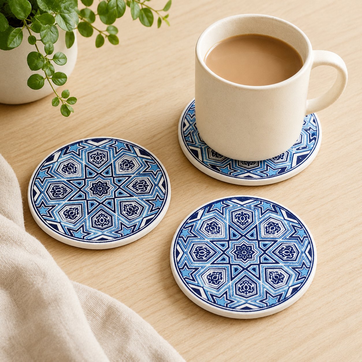 Geometrik ve Motifli Seramik Bardak Altlığı 4'lü Set