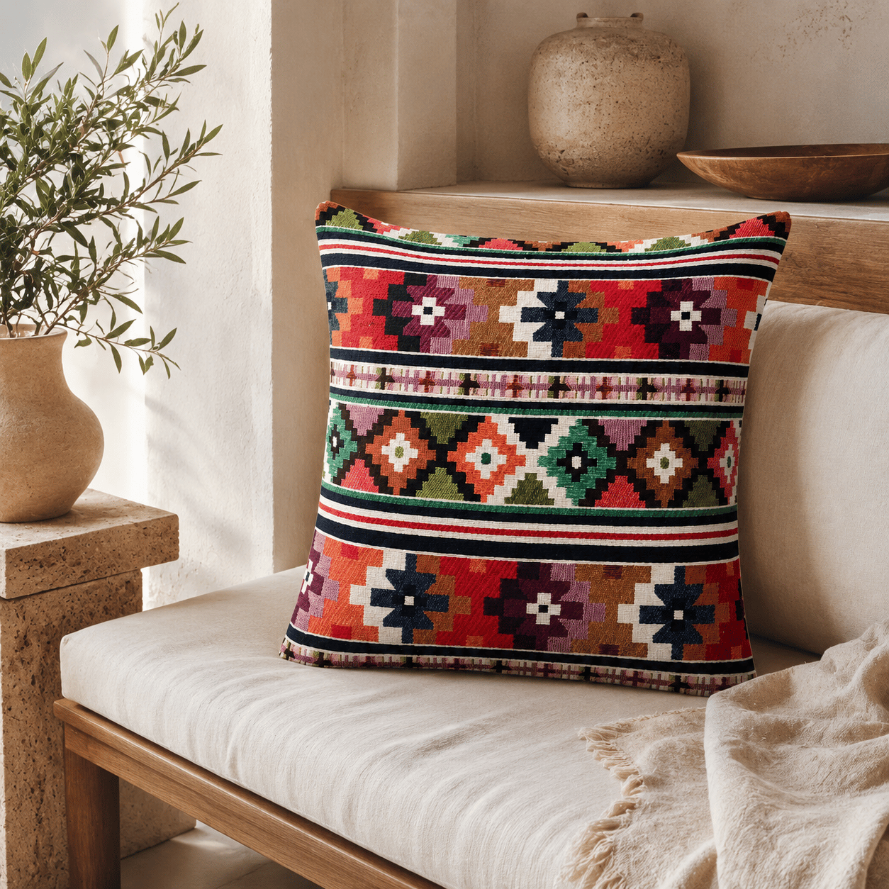 Goblen Kumaş Kırlent Kılıfı – Renkli Kilim Motifli Dekoratif Yastık Kılıfı
