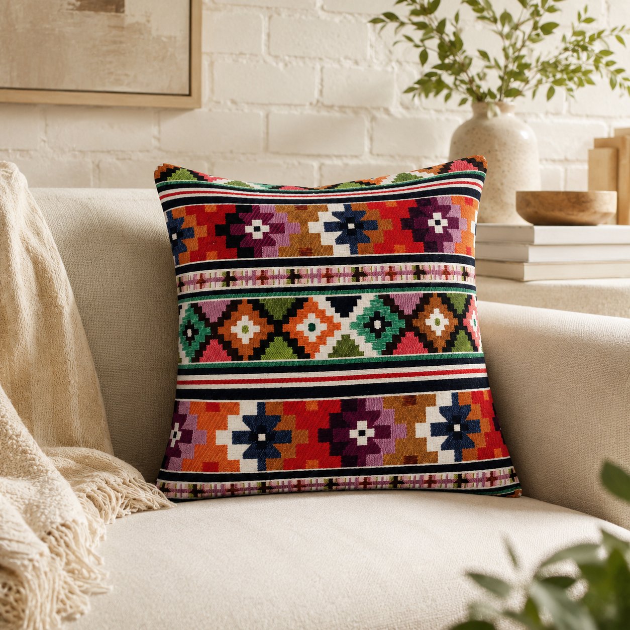 Goblen Kumaş Kırlent Kılıfı – Renkli Kilim Motifli Dekoratif Yastık Kılıfı
