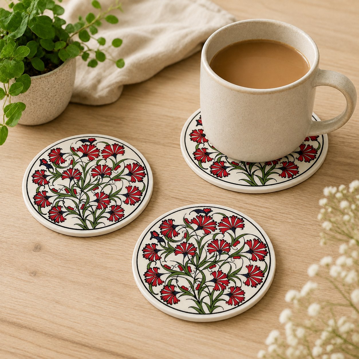 Karanfil Motifli Seramik Bardak Altlığı 4'lü Set