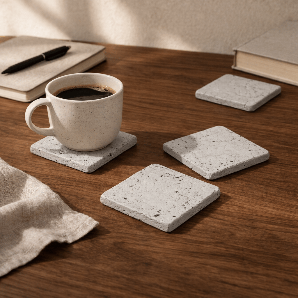 Kare Naturel Beton Bardak Altlığı 4’lü Set – El Yapımı Minimal Ofis & Ev Dekoru