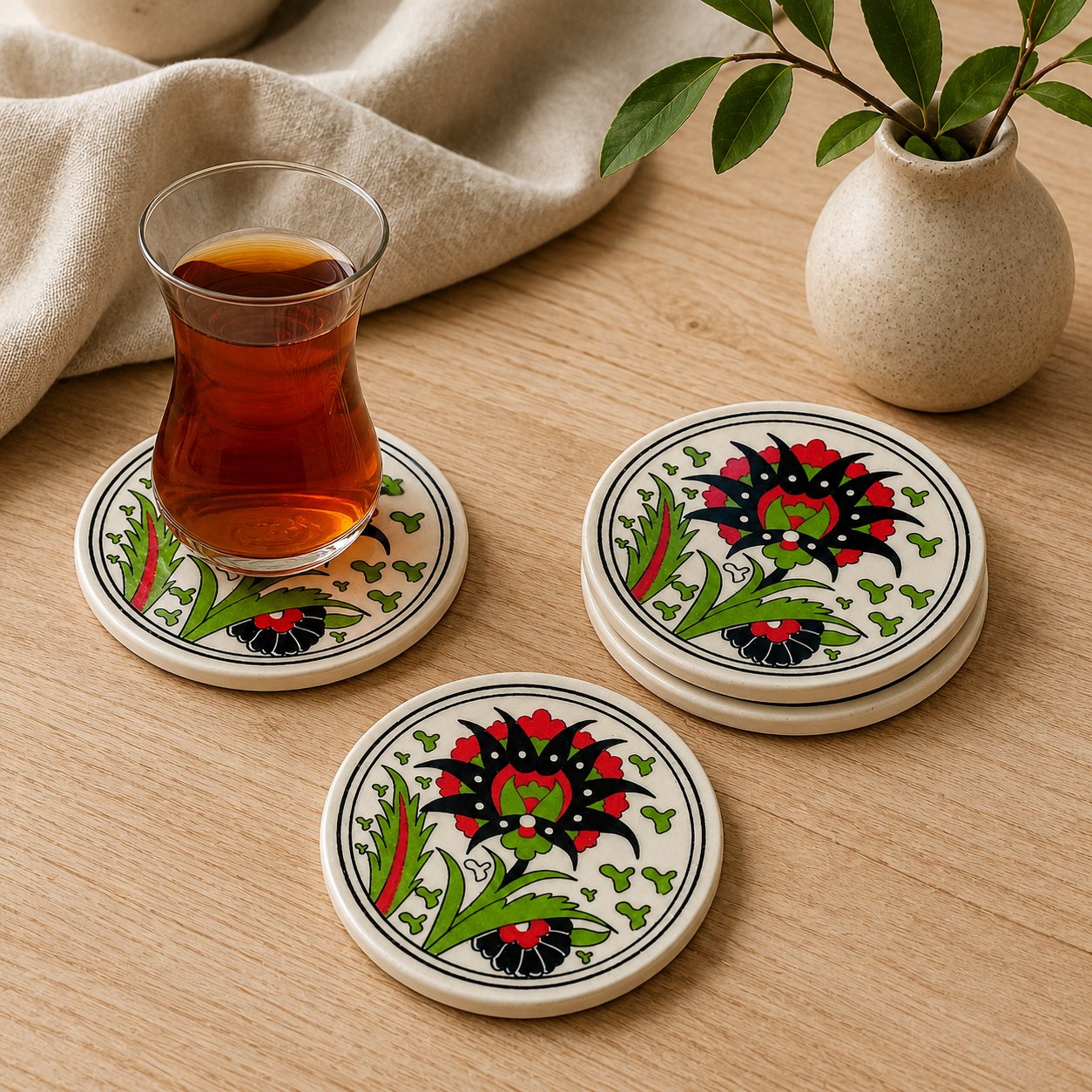 Kırmızı Desenli Seramik Bardak Altlığı 4'lü Set