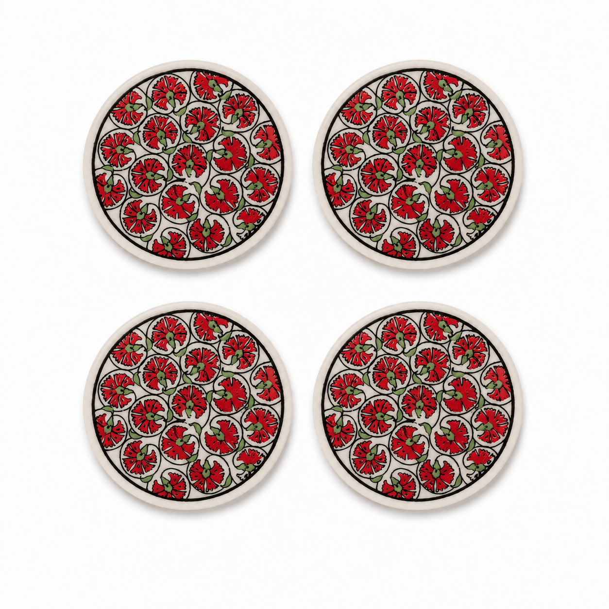 Kırmızı Desenli Seramik Bardak Altlığı 4'lü Set
