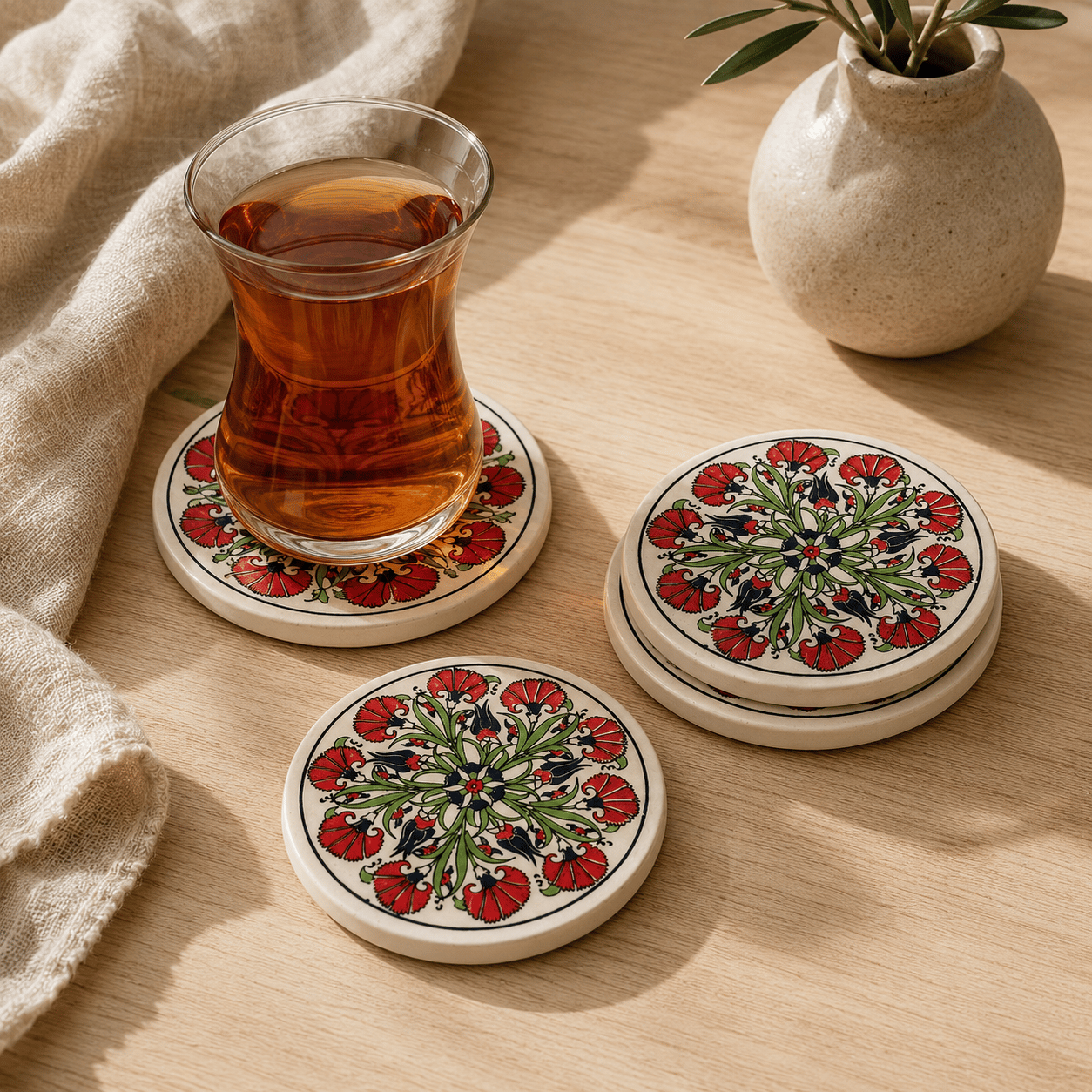 Kırmızı Desenli Seramik Bardak Altlığı 4'lü Set