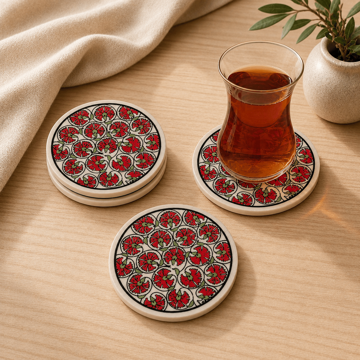 Kırmızı Desenli Seramik Bardak Altlığı 4'lü Set