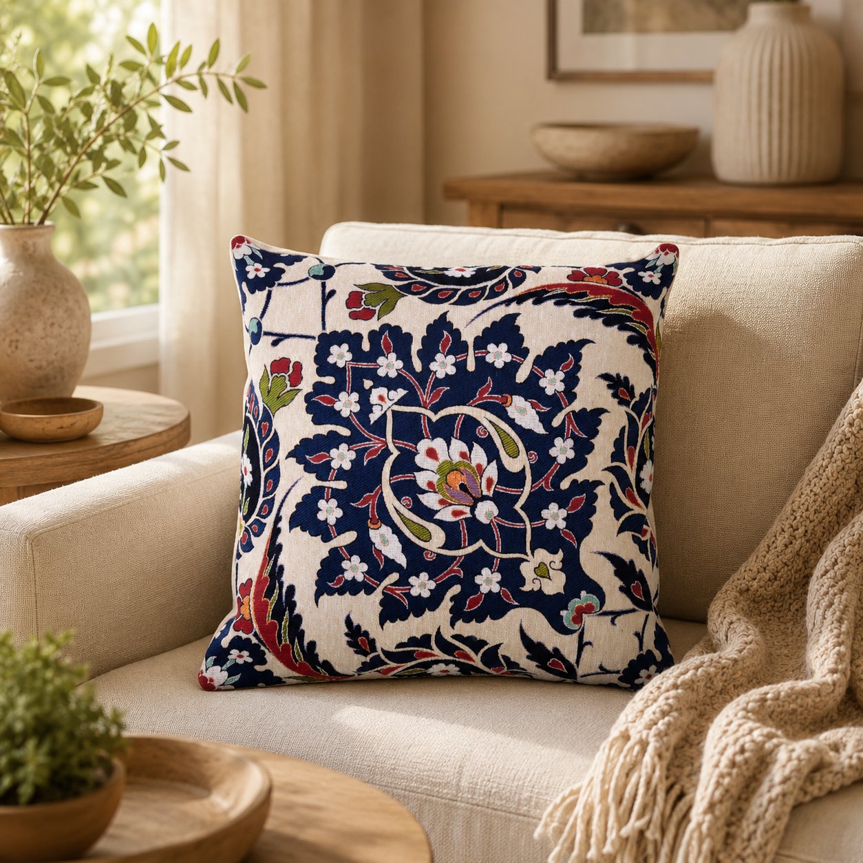Lacivert Çiçek Motifli Goblen Kumaş Kırlent Kılıfı, Model: GBLN-3033