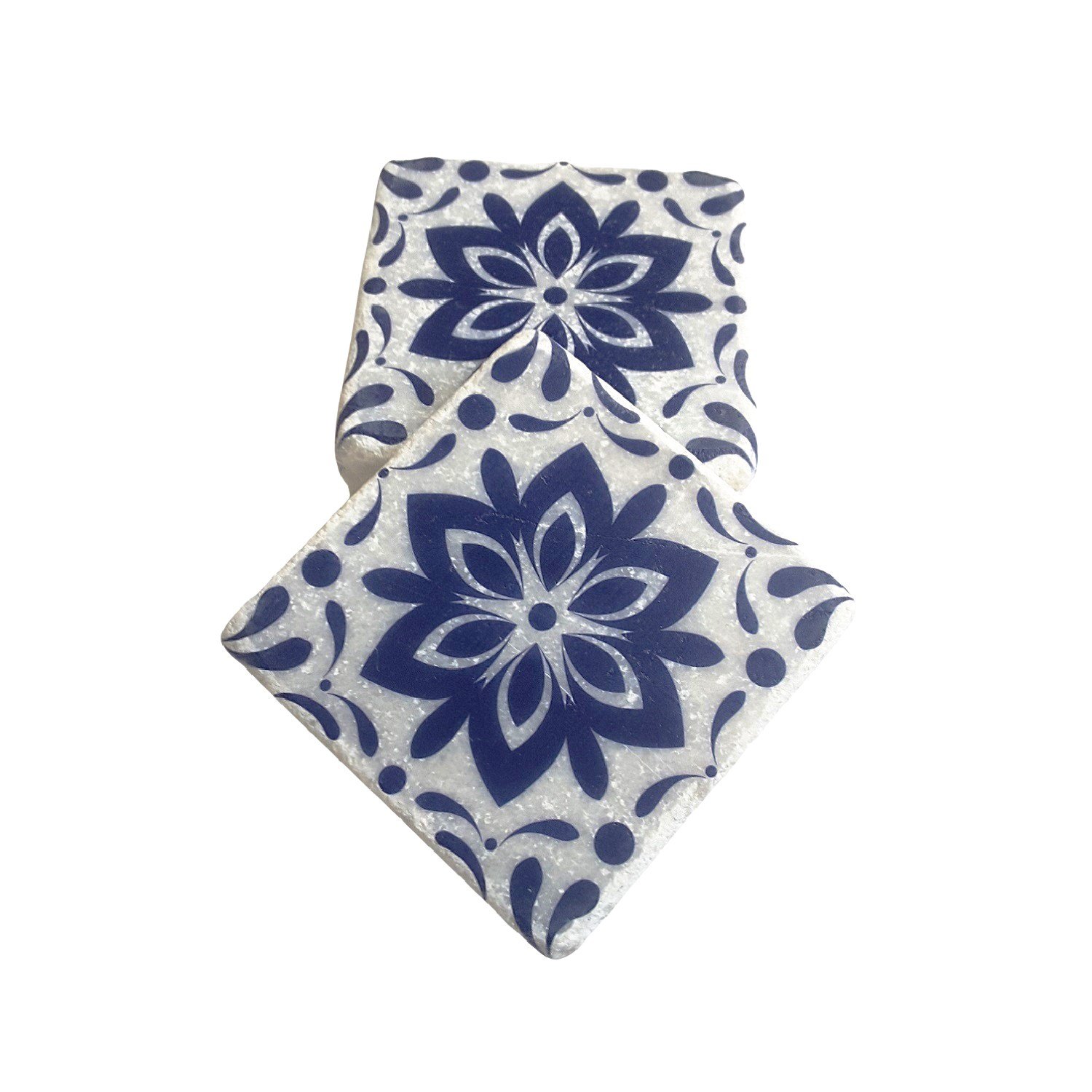 Lacivert Floral Desenli Doğal Mermer Bardak Altlığı, Model: MRBL-2020123