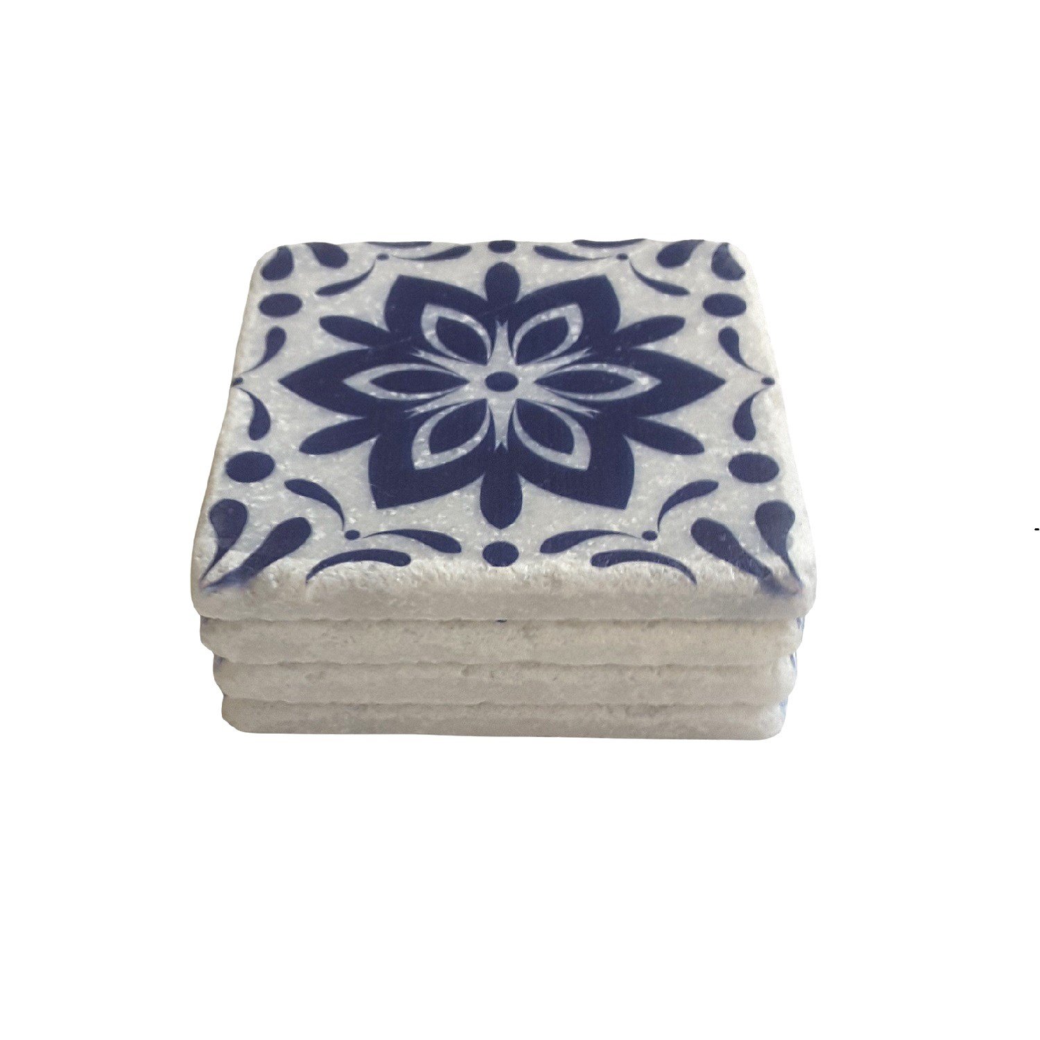 Lacivert Floral Desenli Doğal Mermer Bardak Altlığı, Model: MRBL-2020123