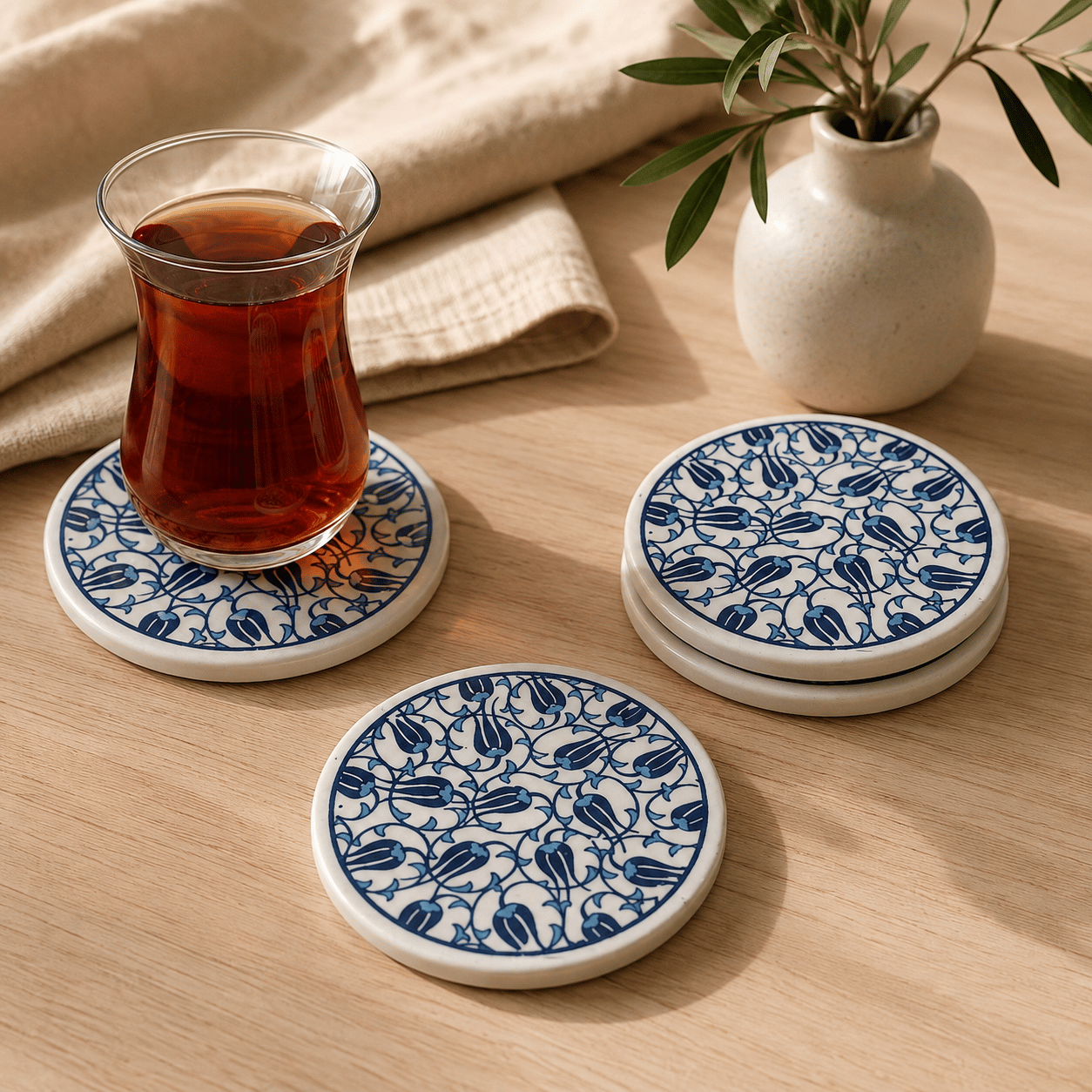 Mavi Desenli Seramik Bardak Altlığı 4'lü Set