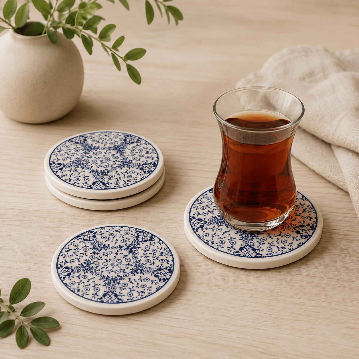 Mavi Desenli Seramik Bardak Altlığı 4'lü Set