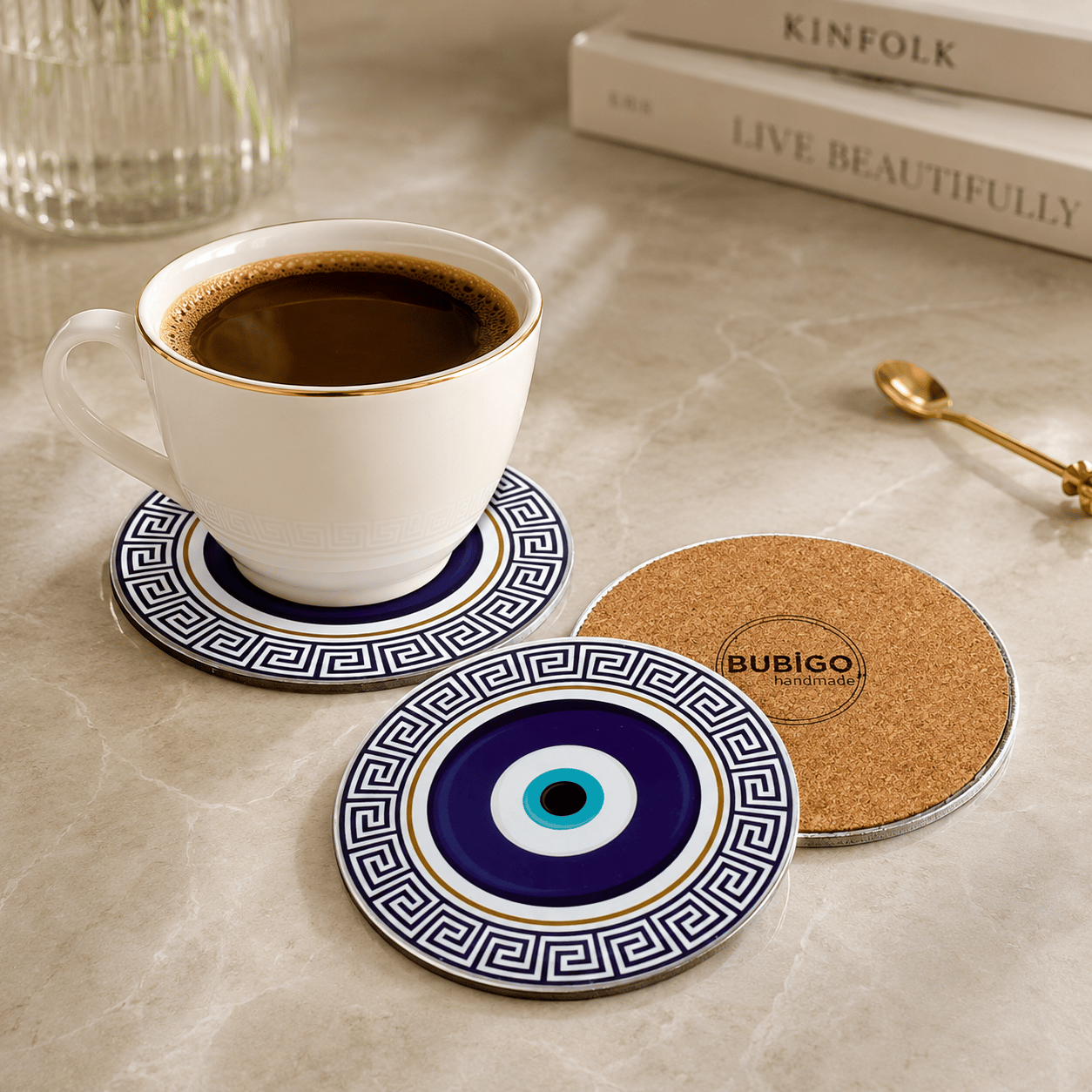 Metal Nazar Boncuğu Desenli Bardak Altlığı 4'lü Set