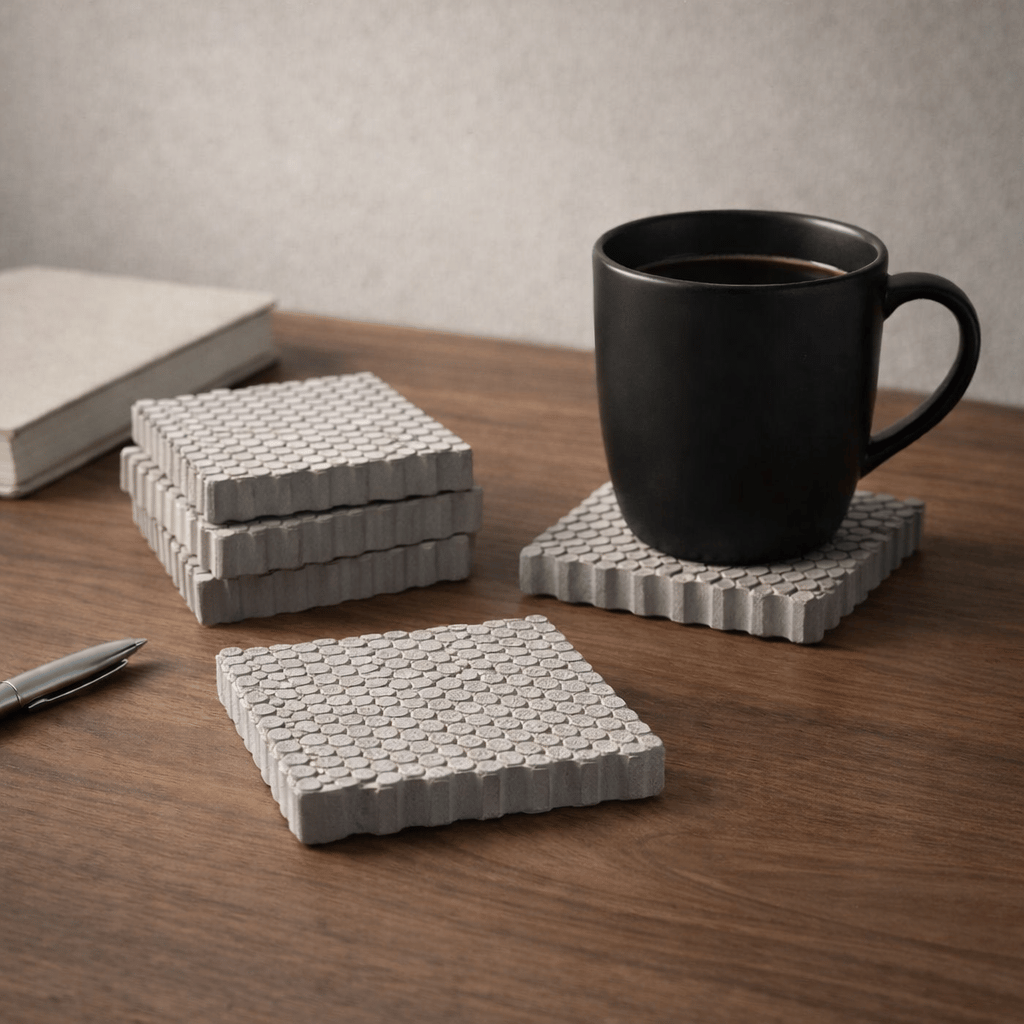 Modern Dokulu Beton Bardak Altlığı – El Yapımı Ofis & Ev Aksesuarı