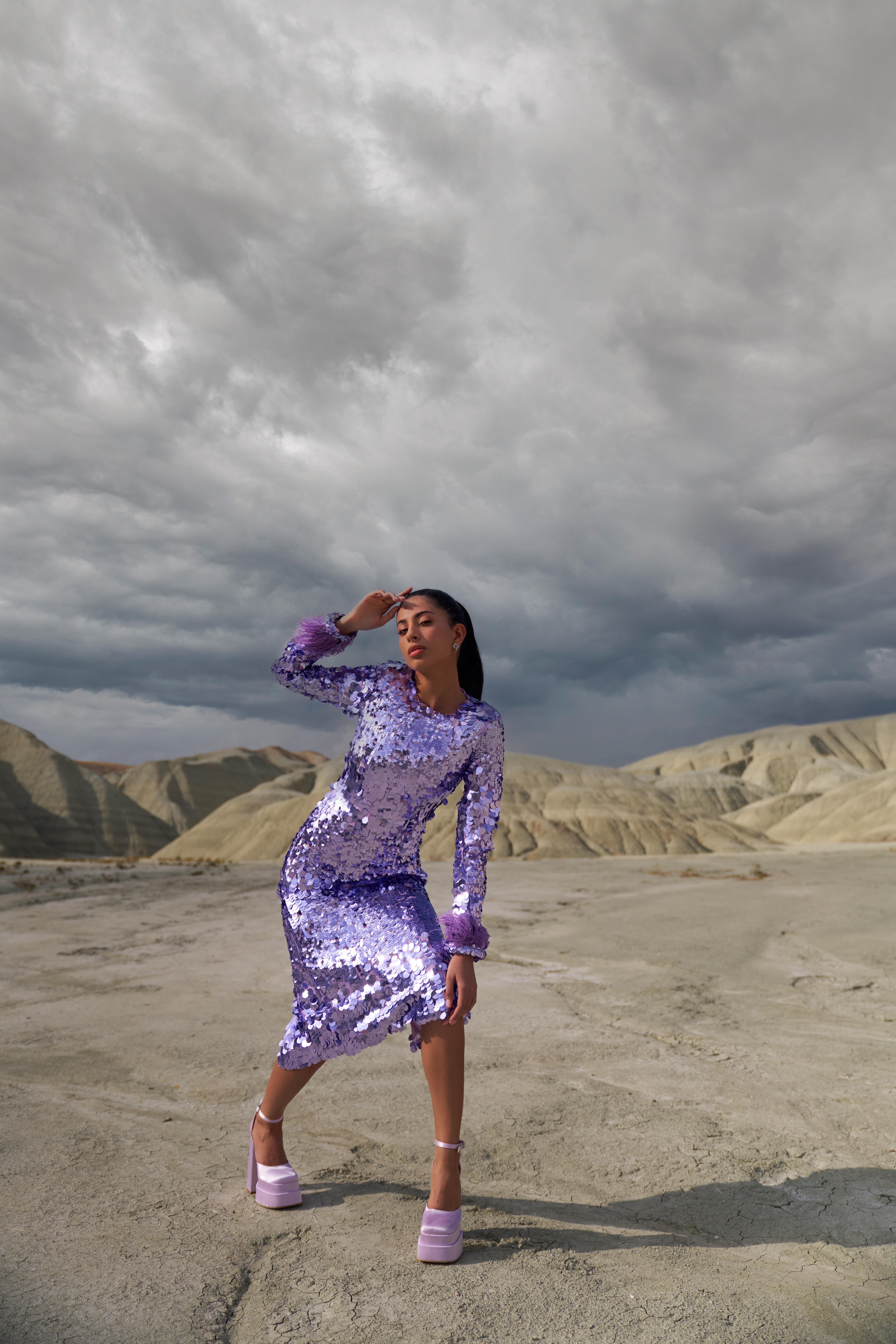 Purple Sequined Midi Dress