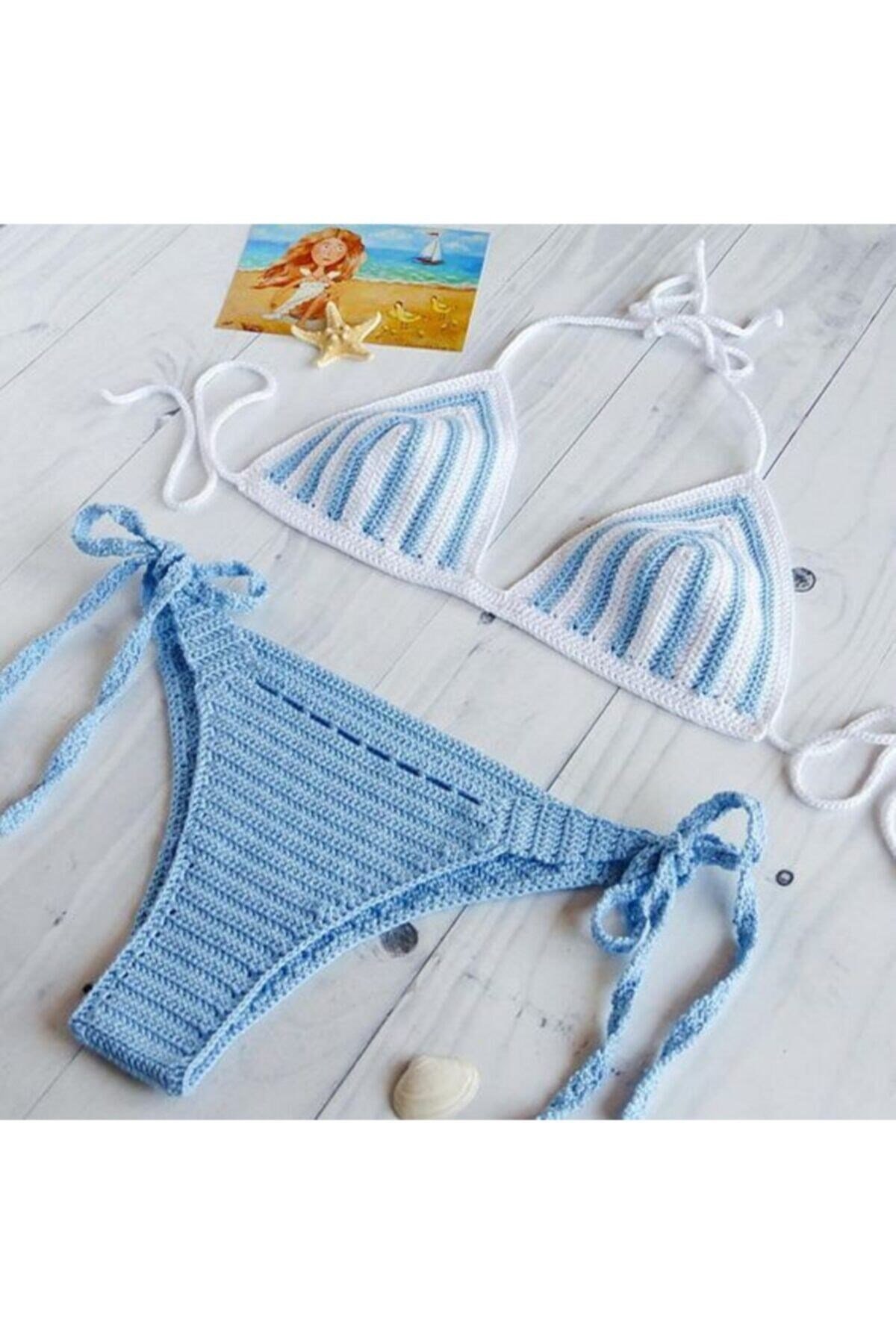 Kadın Beyaz Mavi Tığ Işi Örme Bikini Takım