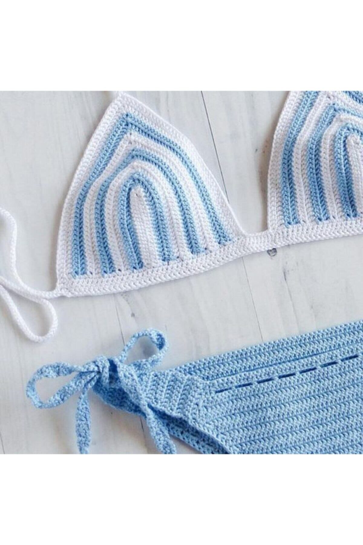 Kadın Beyaz Mavi Tığ Işi Örme Bikini Takım