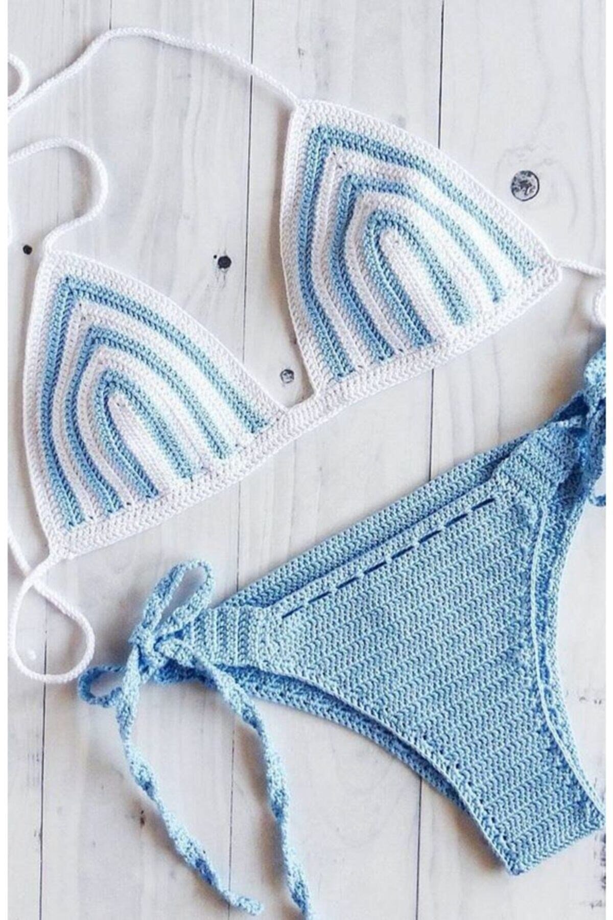 Kadın Beyaz Mavi Tığ Işi Örme Bikini Takım
