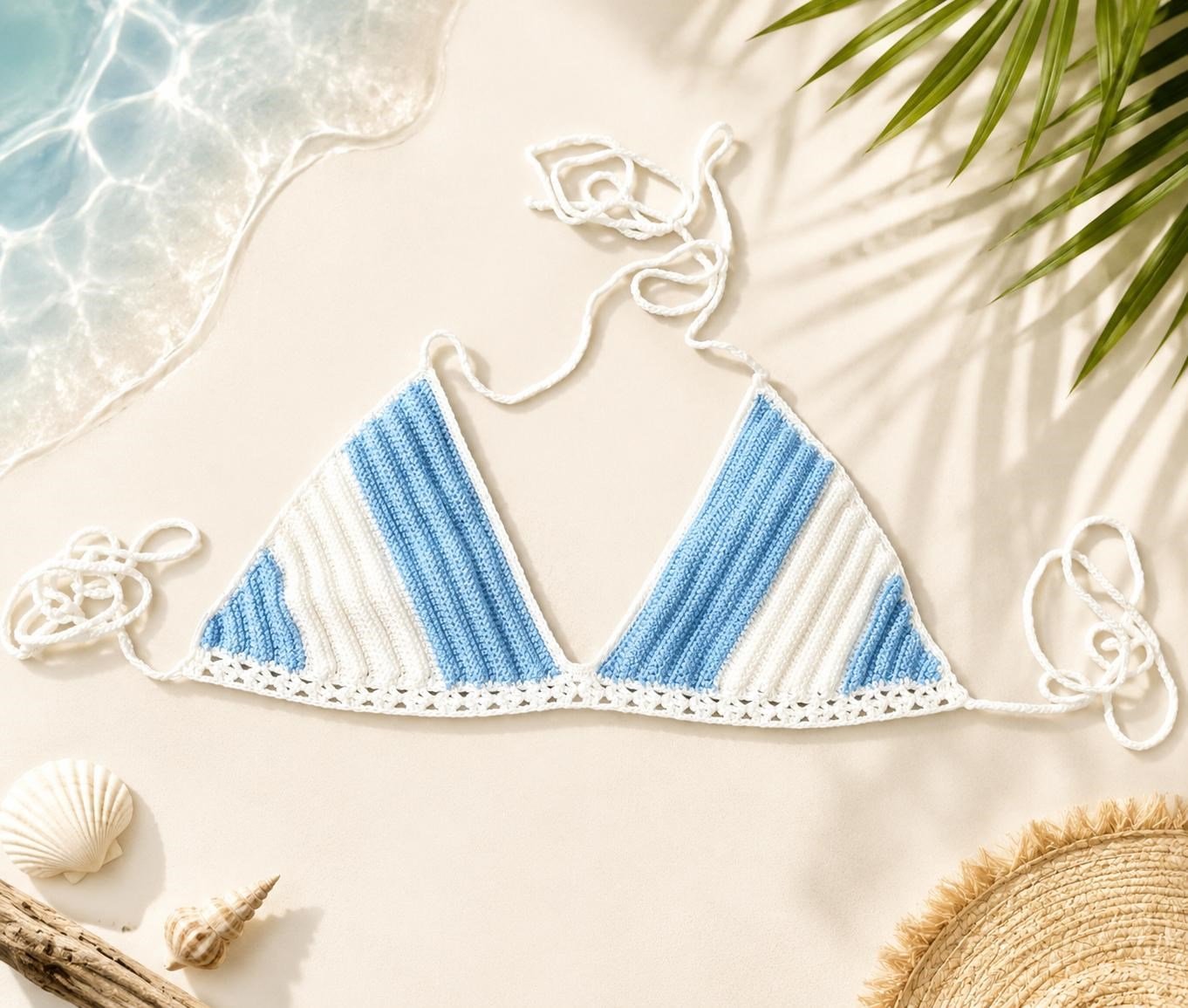 Kadın Çizgili Örgü Bikini Üstü - El Örmesi Tığ İşi Üçgen Bikini Üstü