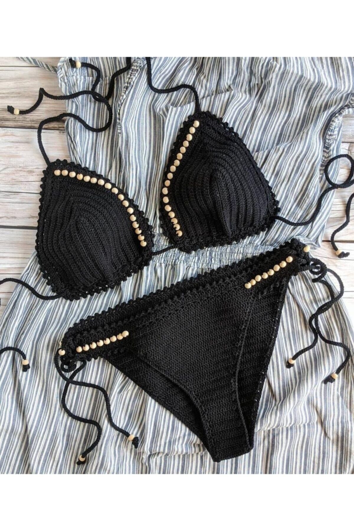 Major Tığ Örgü Boncuklu Üçgen Bikini Takım