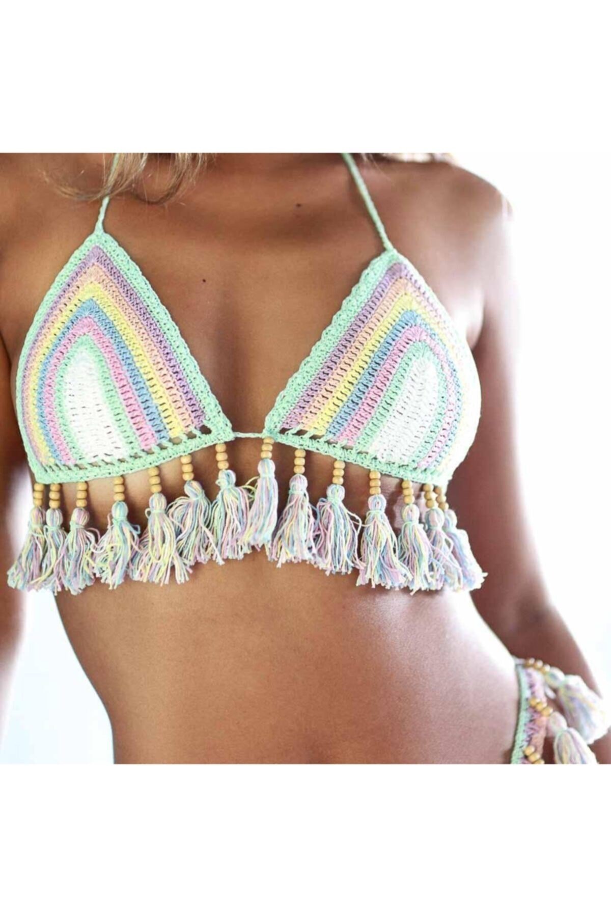 Major Tığ Örgü Püsküllü Renkli Bikini Üstü